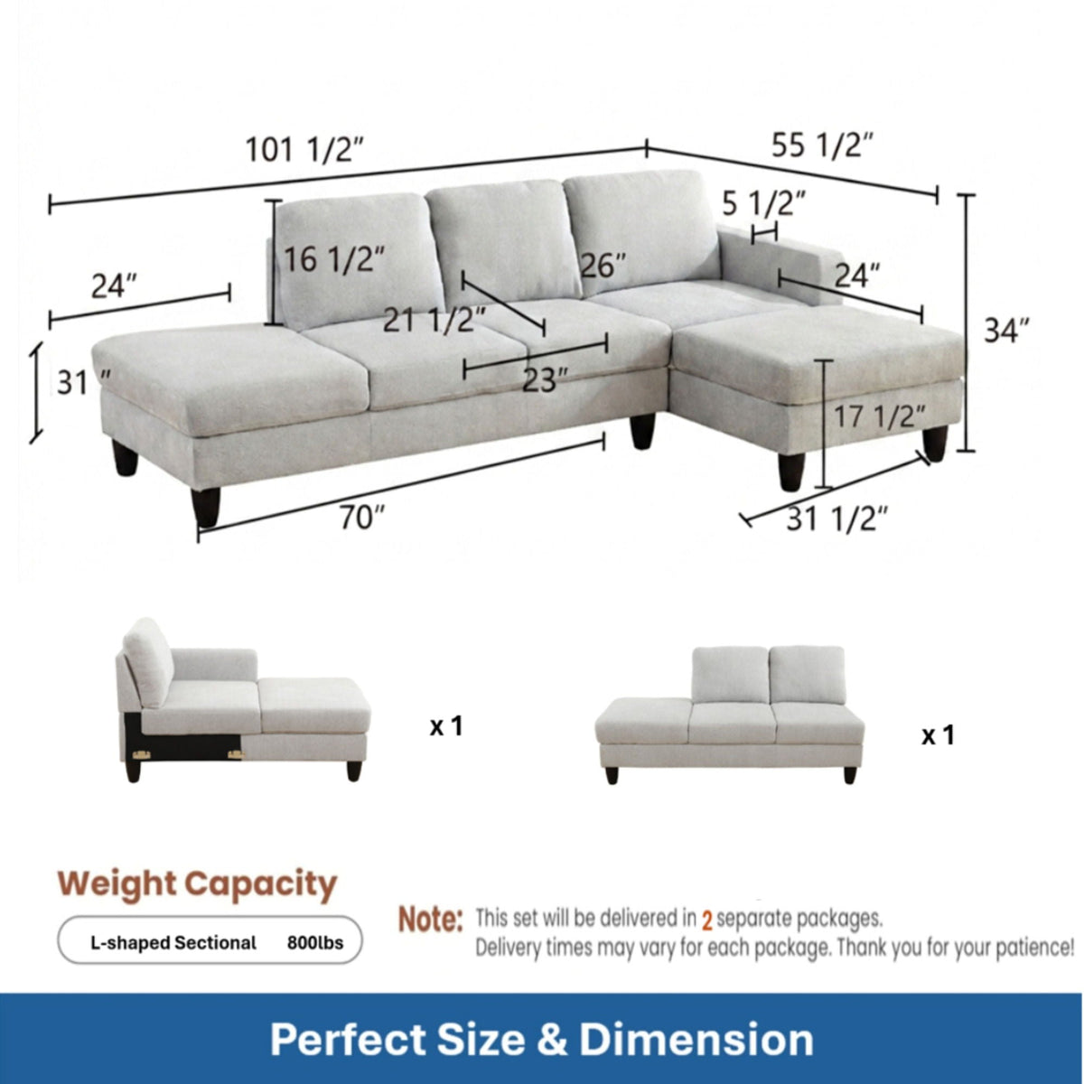 L - Shaped Sectional Sofa With Chaise & Ottoman Home Essentials