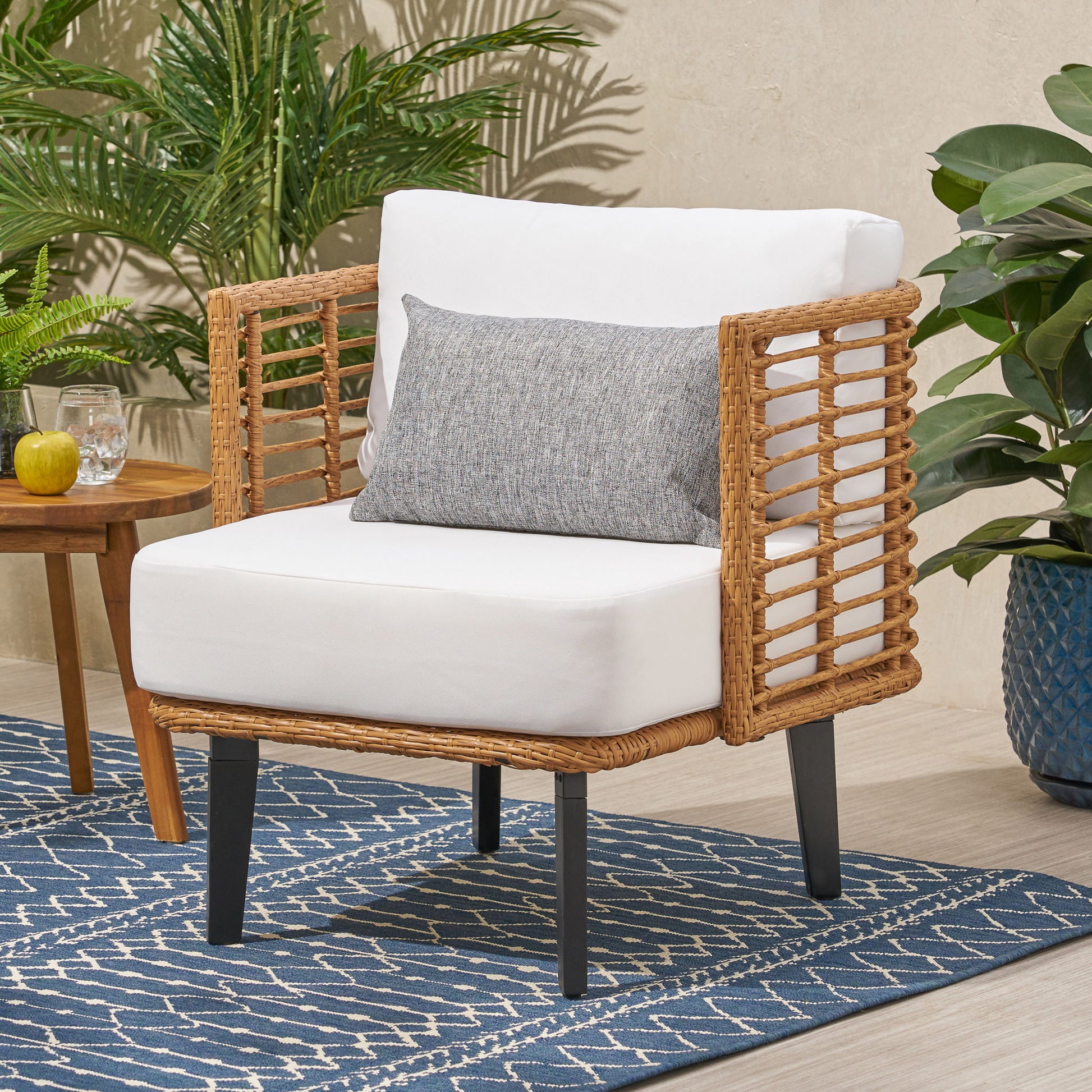Outdoor Wicker Club Chair With Water Resistant Cushion - Brown Noble House