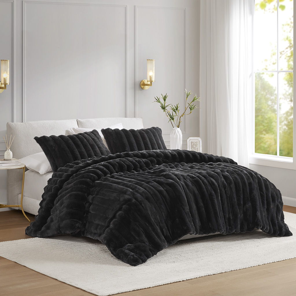 Jasmine - 3 Piece Full/Queen Ultrasoft Ribbed Comforter Set - Black Madison Park