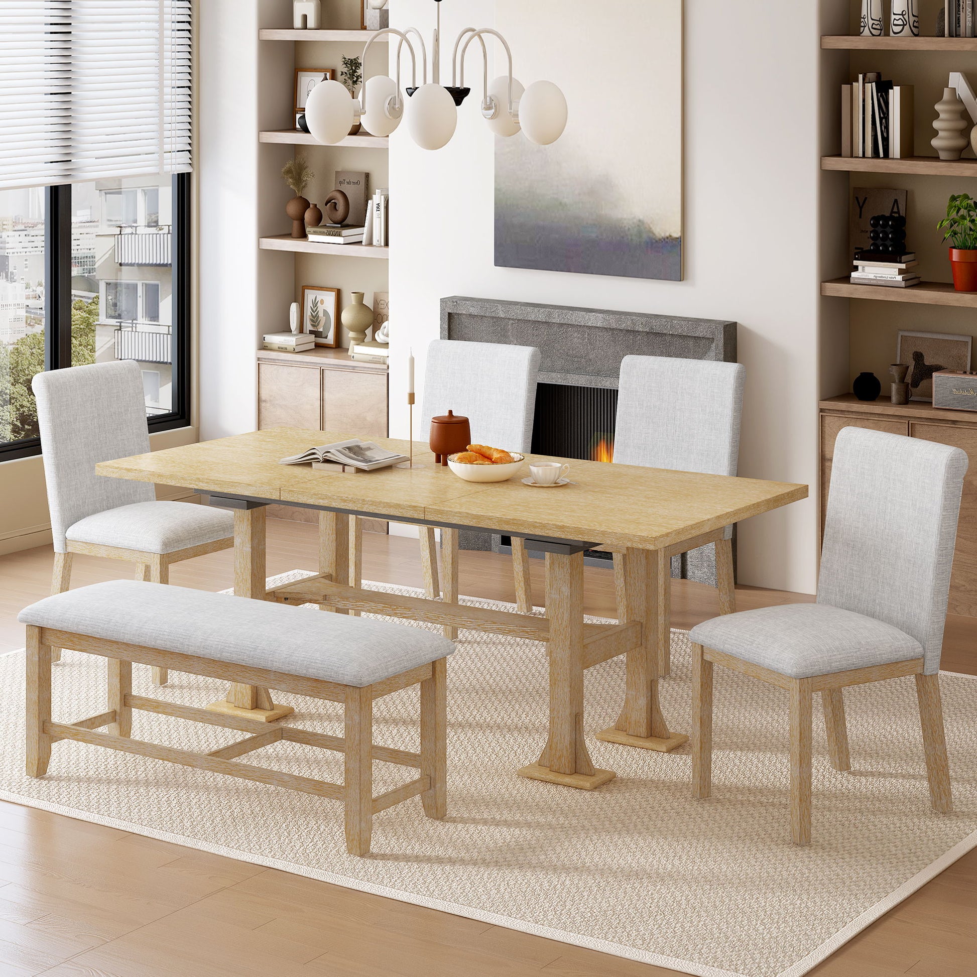 Topmax - 6 Piece Farmhouse Extendable Dining Table Set Trestle Kitchen Table Set With Removable Leaf And Upholstered Dining Chair And Bench For Dining Room Hearth and Haven