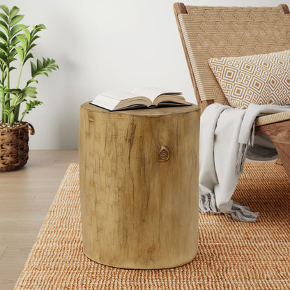 Hand Painted Wood Stump Style Outdoor Side Table - Light Brown Noble House