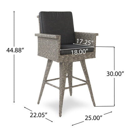 Outdoor Rattan Swivel Barstool With Water Resistant Cushion - Mixed Black / Dark Gray Noble House