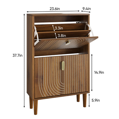 Modern Minimalist Shoe Storage Cabinet With 2 Flip Drawers And Metal Handles - Brown Daily Nest