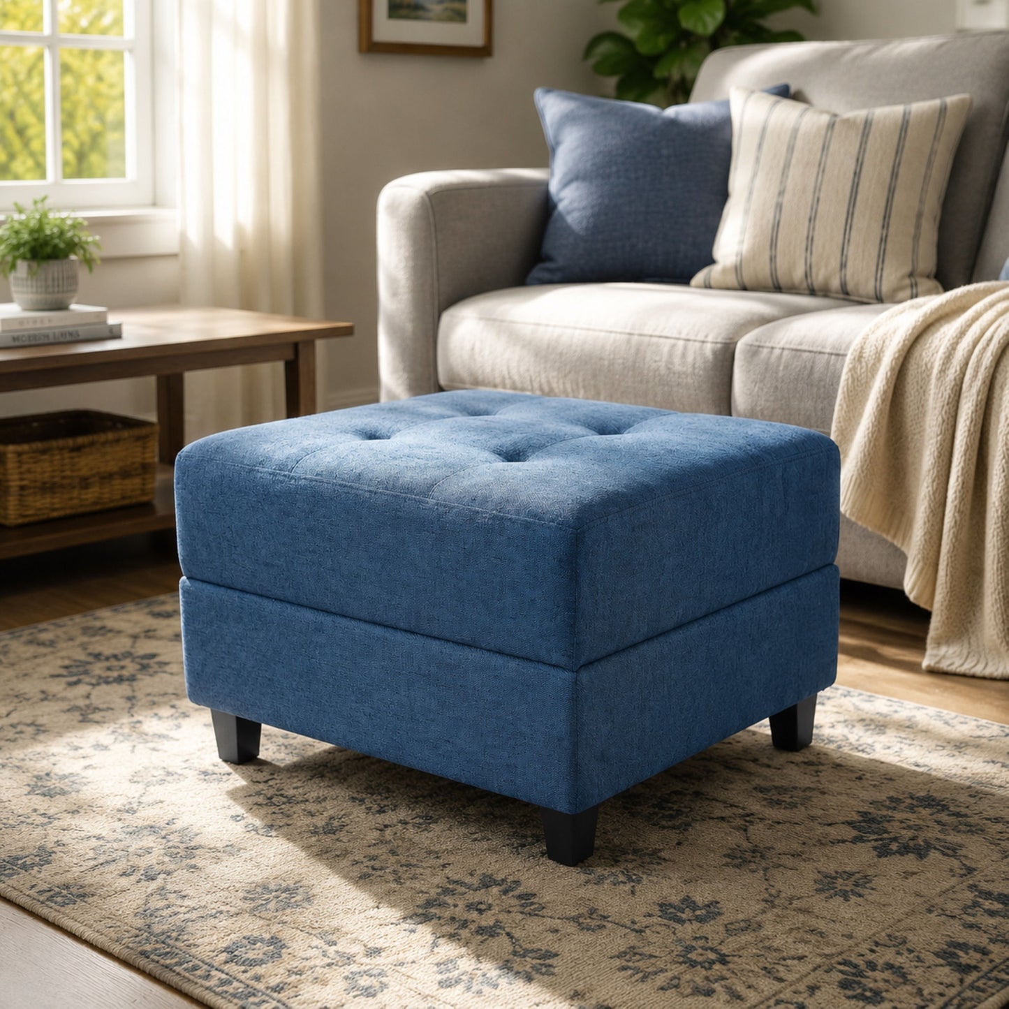 Ottoman, Compact Footrest For Living Room - Navy Blue Noble House