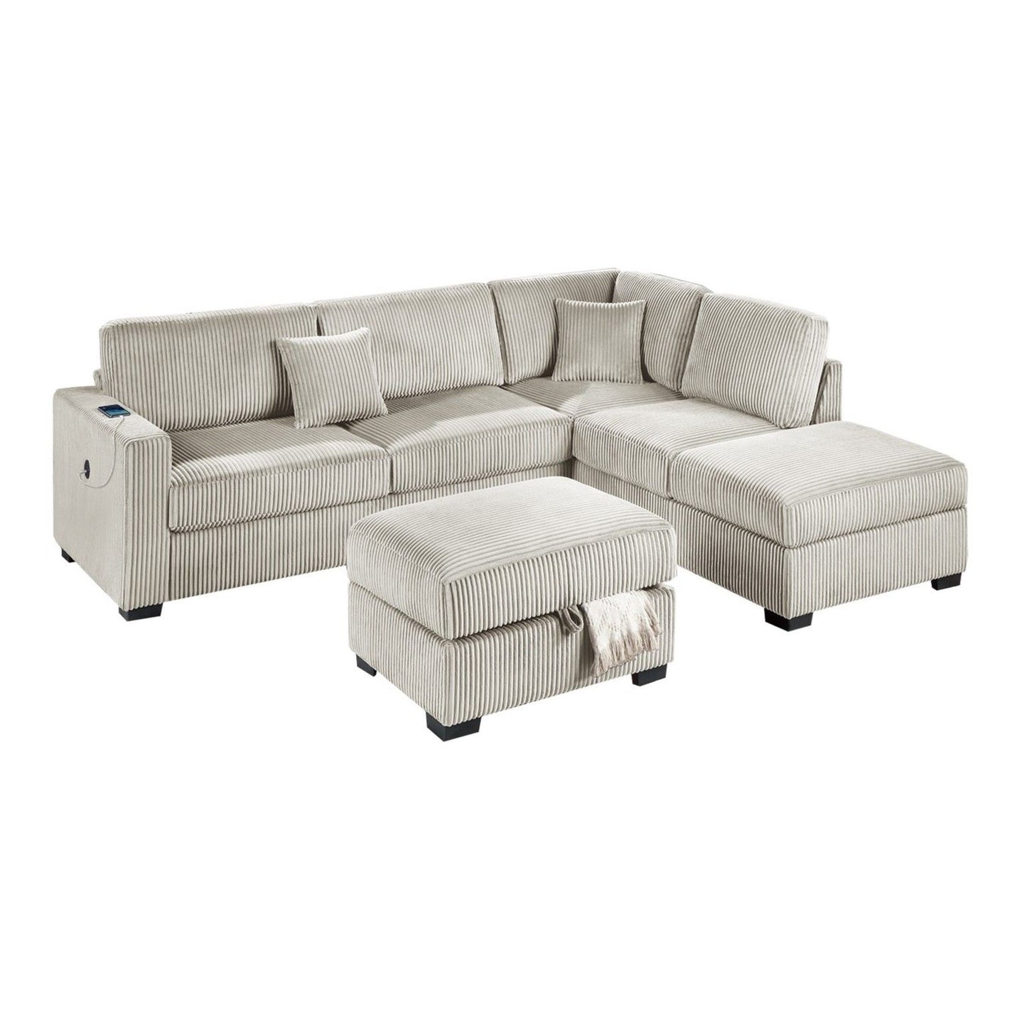 3 Piece Sectional Sofa With Reversible Chaise And USB Storage Ottoman Home Essentials