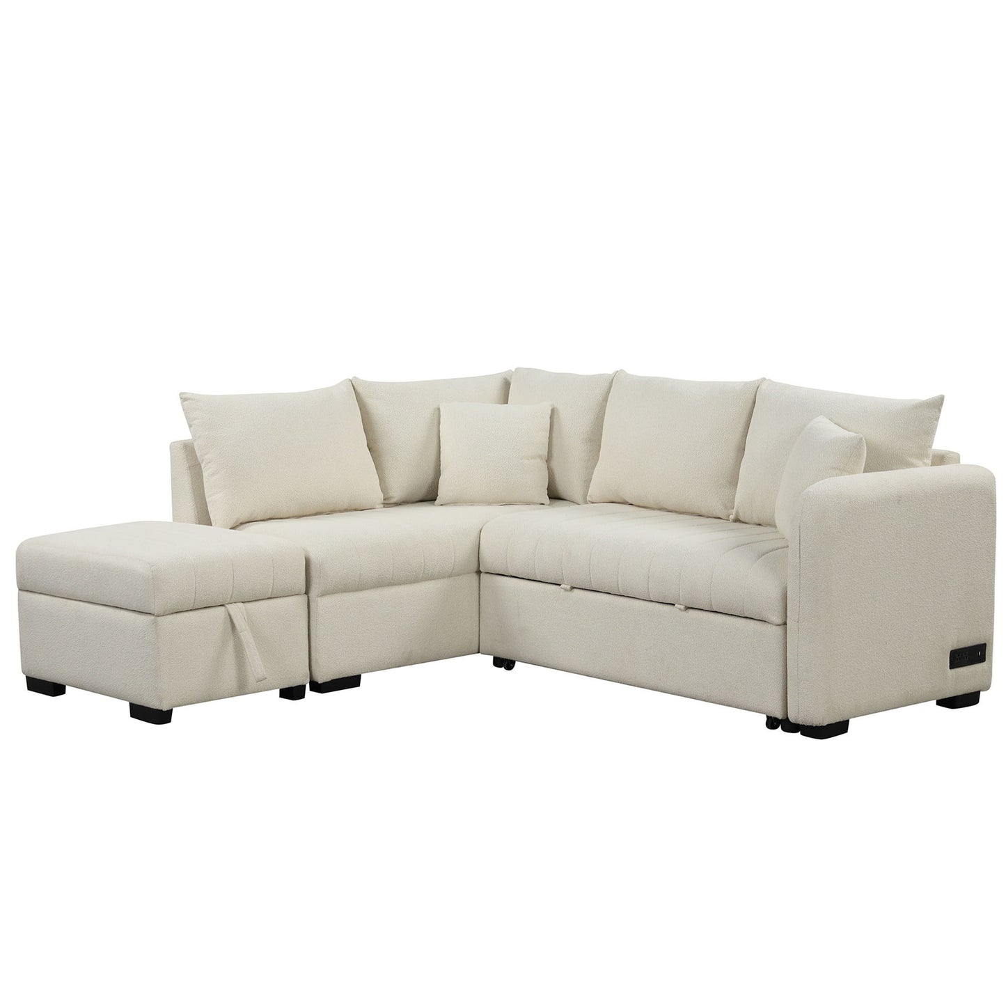 L-Shaped Sectional Pull Out Sofa Bed Sleeper Sofa With Two USB Ports, Two Power Sockets And A Movable Storage Ottoman Hearth and Haven