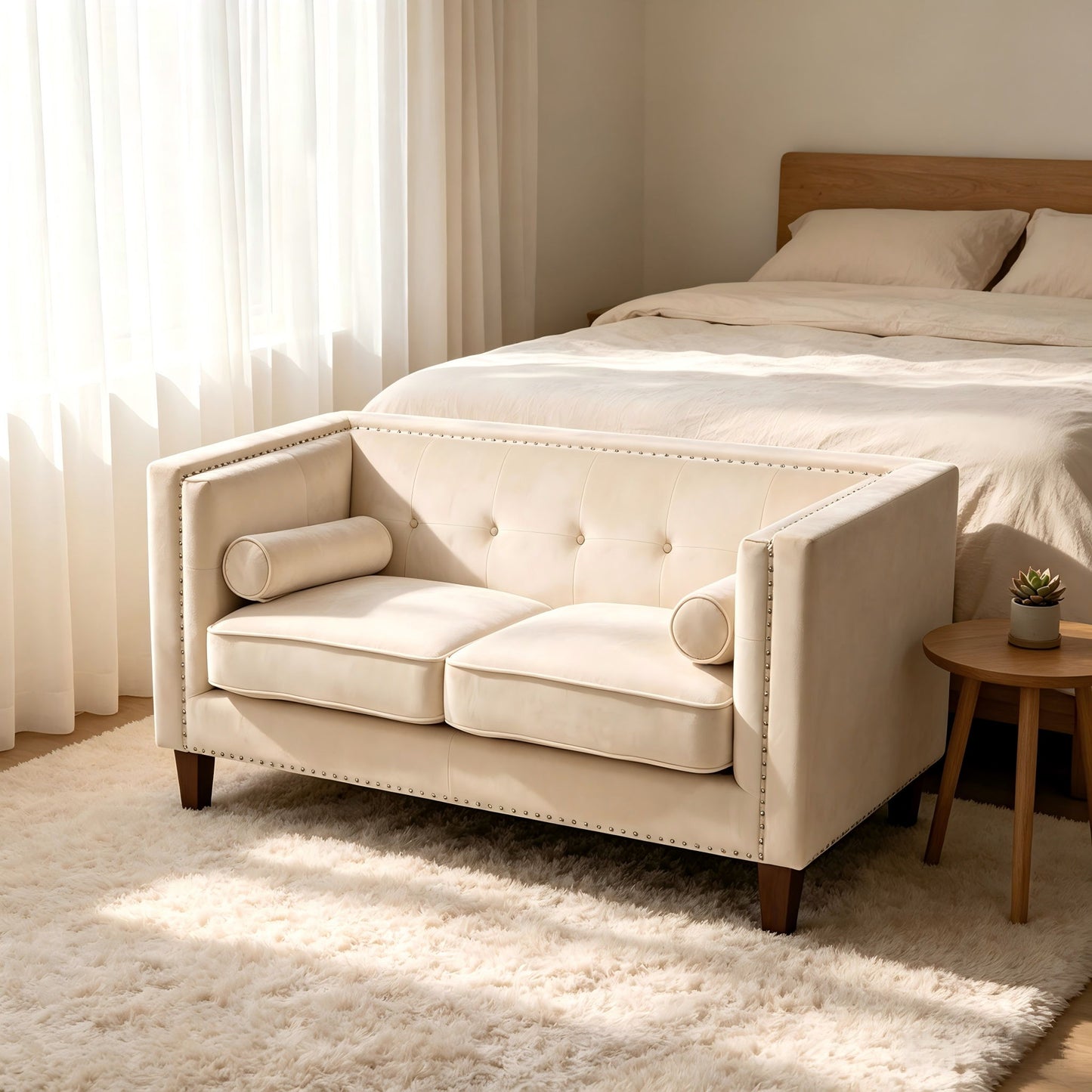 Button Tufted Square Arm Loveseat Sofa With Nailhead Trim, Upholstered 2 Seater Couch - Ivory US Pride