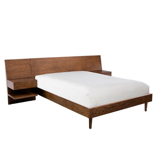 Queen Size Bed With Attached Nightstands And Hidden Storage - Pecan JLA