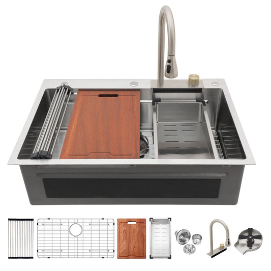 Waterfall Kitchen Sink With Pull Out Faucet & Cup Washer Daily Nest