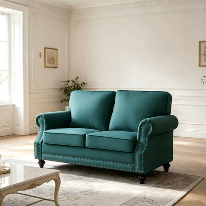 Loveseat Sofa With Nailhead Detail & Turned Legs, 2 Seater Upholstered Couch US Pride