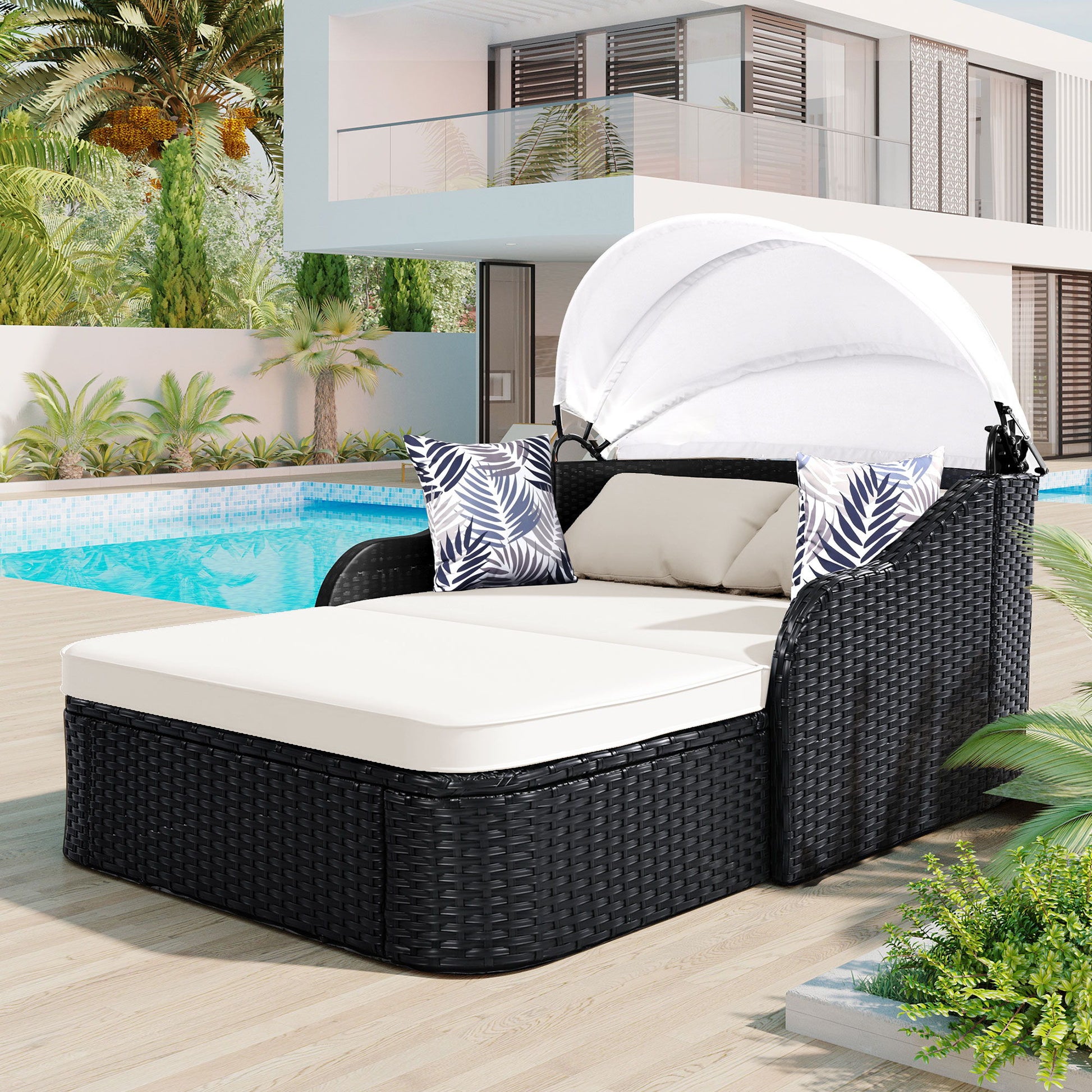 Outdoor Sunbed With Adjustable Canopy, Double Lounge, Daybed - Black / Beige Hearth and Haven