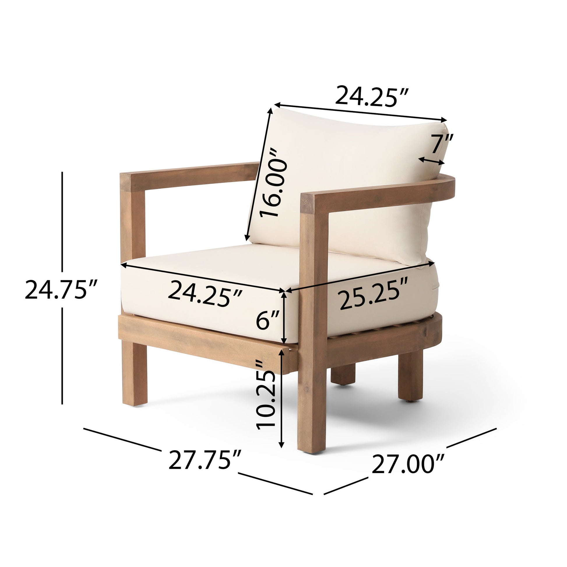 Outdoor Acacia Wood Patio Club Chair, Waterproof Thick Cushion, Deep Seating Noble House