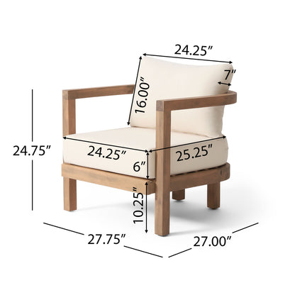 Outdoor Acacia Wood Patio Club Chair, Waterproof Thick Cushion, Deep Seating Noble House