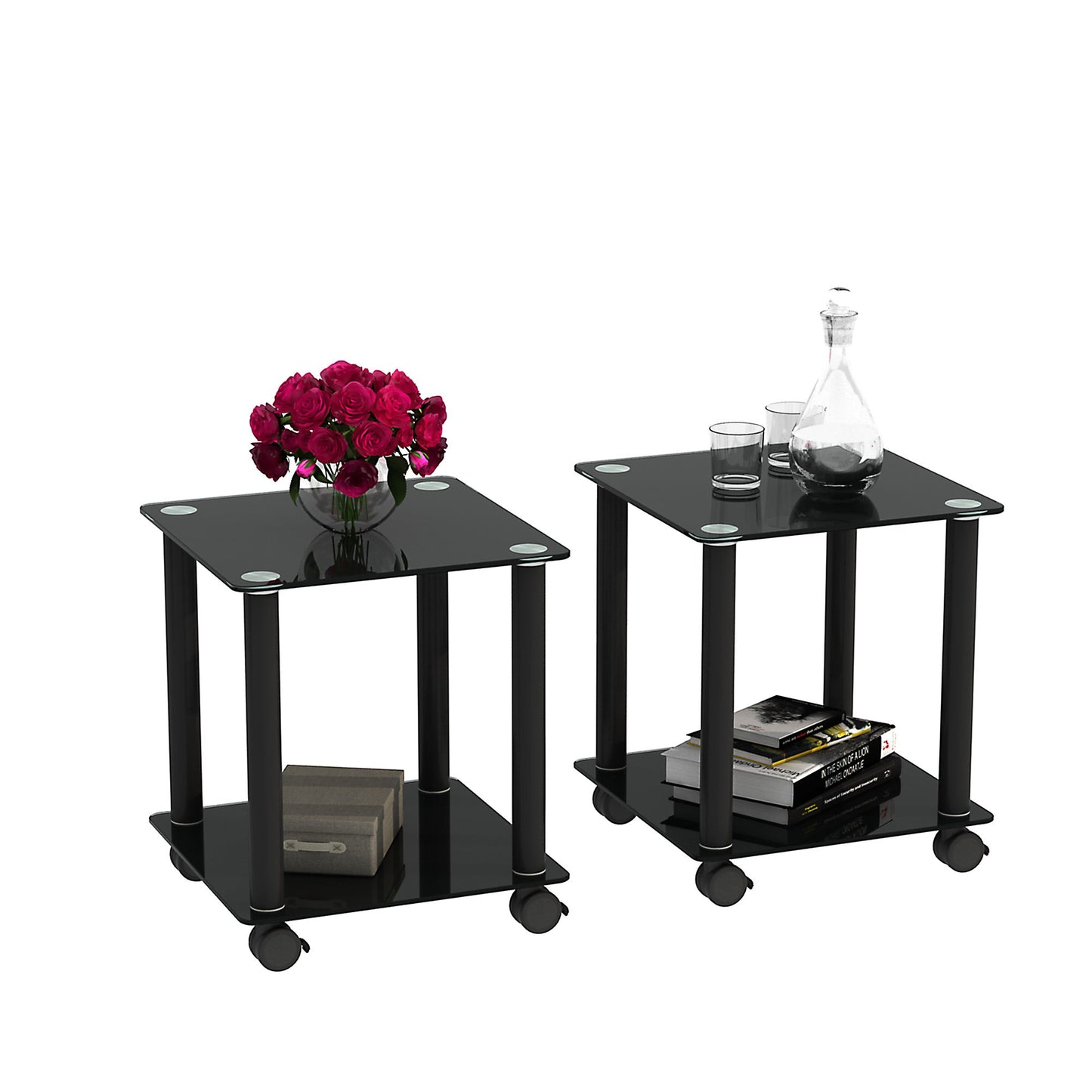 2 Piece Side Table, 2 Tier Space End Table, Modern Night Stand, Sofa Table, Side Table With Storage Shelve - Black