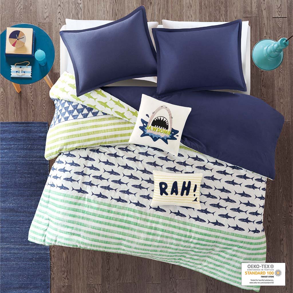 Finn Shark Duvet Cover Set - Green / Navy