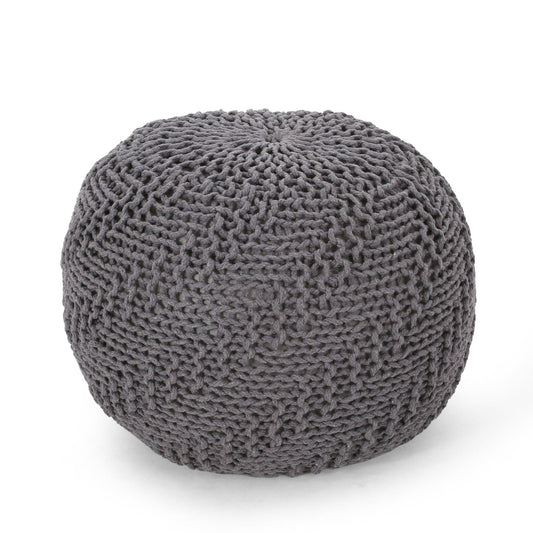Hazel - Modern Knitted Cotton Yarn Round Pouf With Eco Friendly Pet Fibers - Dark Gray Noble House