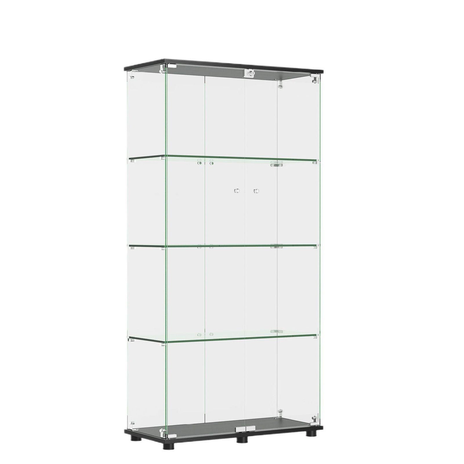 Modern Glass Display Cabinet With 4 Shelf Double Doors And Lock, Tempered Glass Bookshelf For Living Room - Black Home Essentials