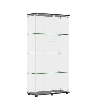 Modern Glass Display Cabinet With 4 Shelf Double Doors And Lock, Tempered Glass Bookshelf For Living Room - Black Home Essentials