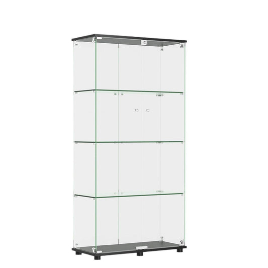 Modern Glass Display Cabinet With 4 Shelf Double Doors And Lock, Tempered Glass Bookshelf For Living Room - Black Home Essentials