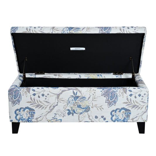 Luxury Storage Ottoman With Floral Patterned Fabric, Soft Close Hinges, Functional Footrest & Seat - Blue Flower / Blue Multi Noble House