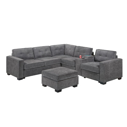 Sectional Set With Reversible Loveseat, USB Console, Corner Wedge & Ottoman Home Essentials