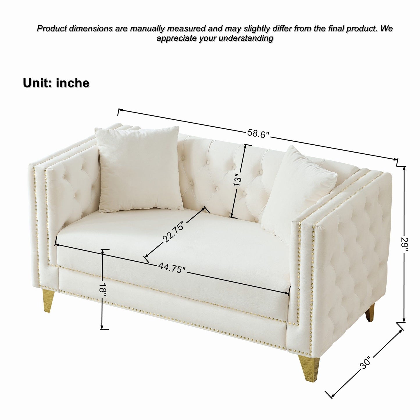 2 Seater Deep Seat Sofa With Button Nailhead, Square Arm Home Essentials