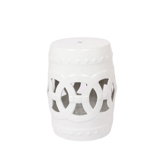 Elegant Glazed Ceramic Drum Stool Indoor / Outdoor Side Table Accent Garden Stool - White Home Essentials