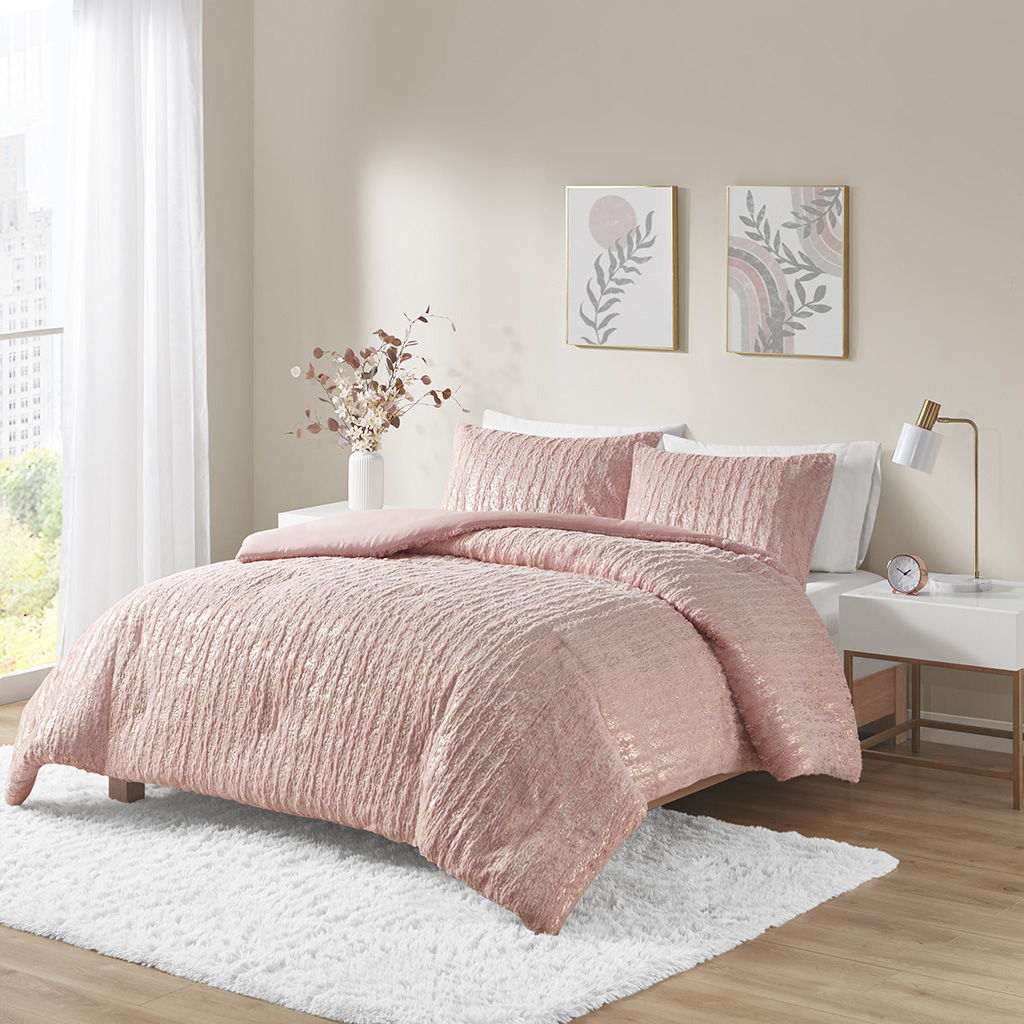 Naomi - Full Metallic Print Faux Fur Comforter Set - Blush/Gold