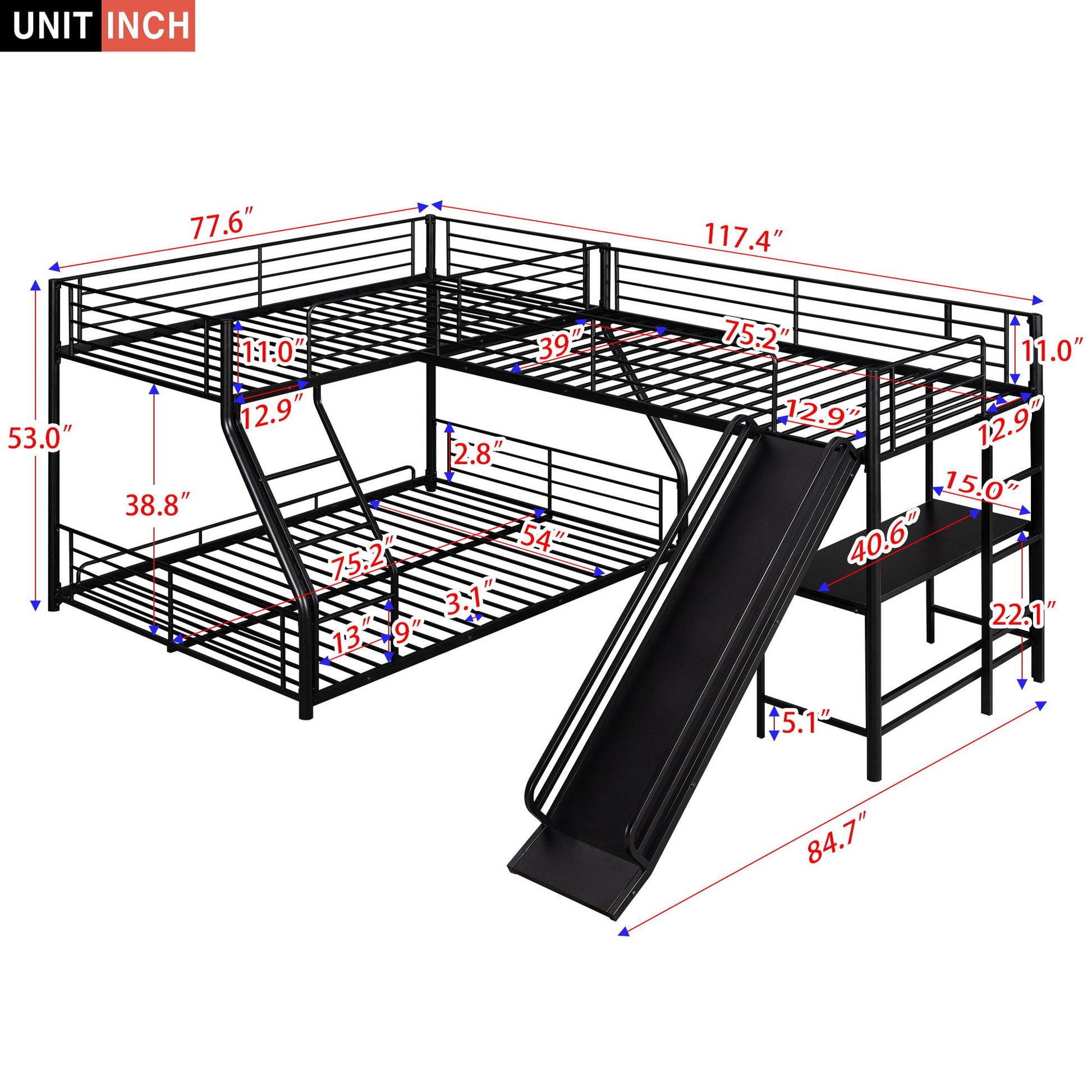L-Shaped Twin Over Full Bunk Bed With Twin Loft, Built In Desk And Slide - Black Hearth and Haven