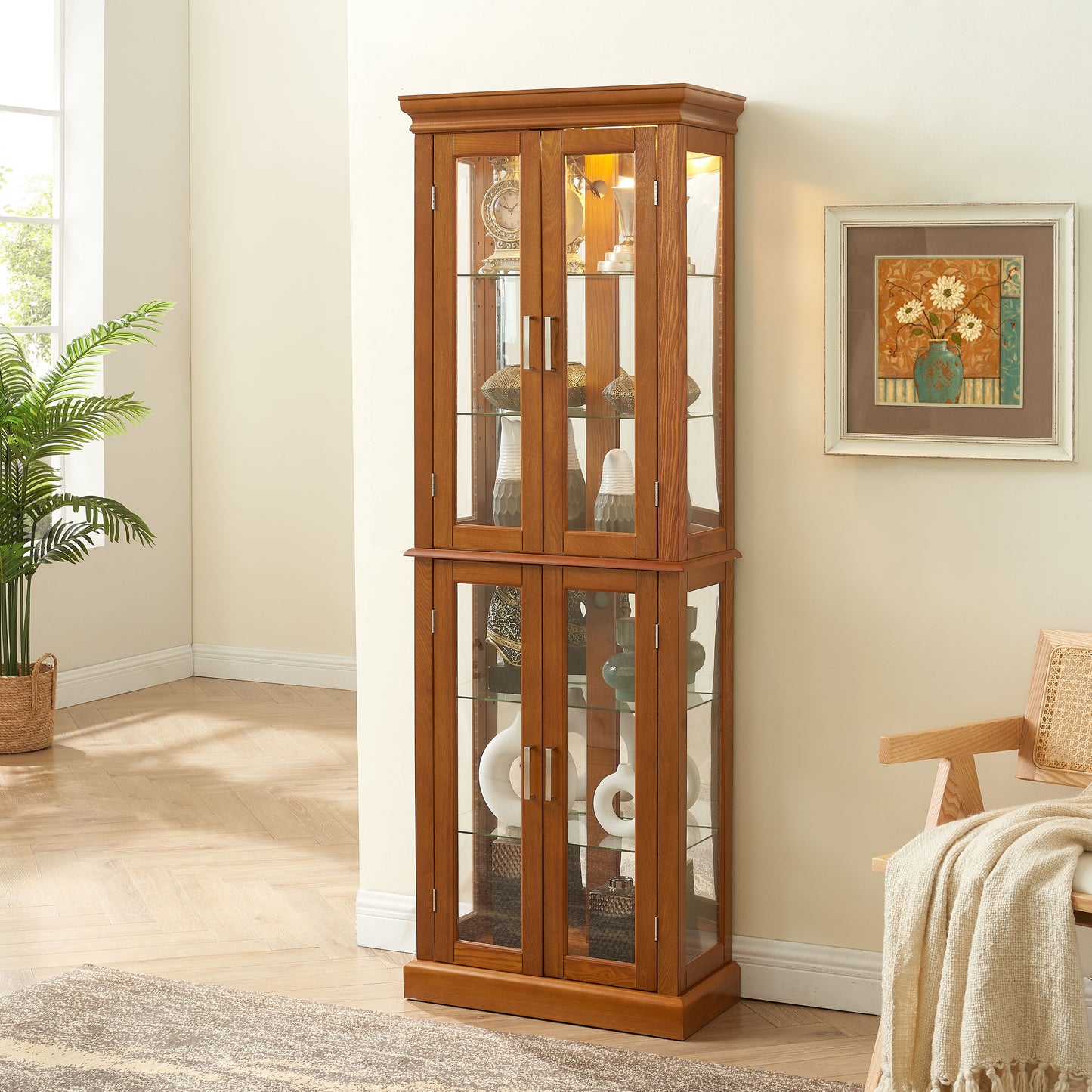 Curio Cabinet Lighted Curio Diapaly Cabinet With Adjustable Shelves And Mirrored Back Panel, Tempered Glass Doors (6 Tier), (E26 Light Bulb Not Included)