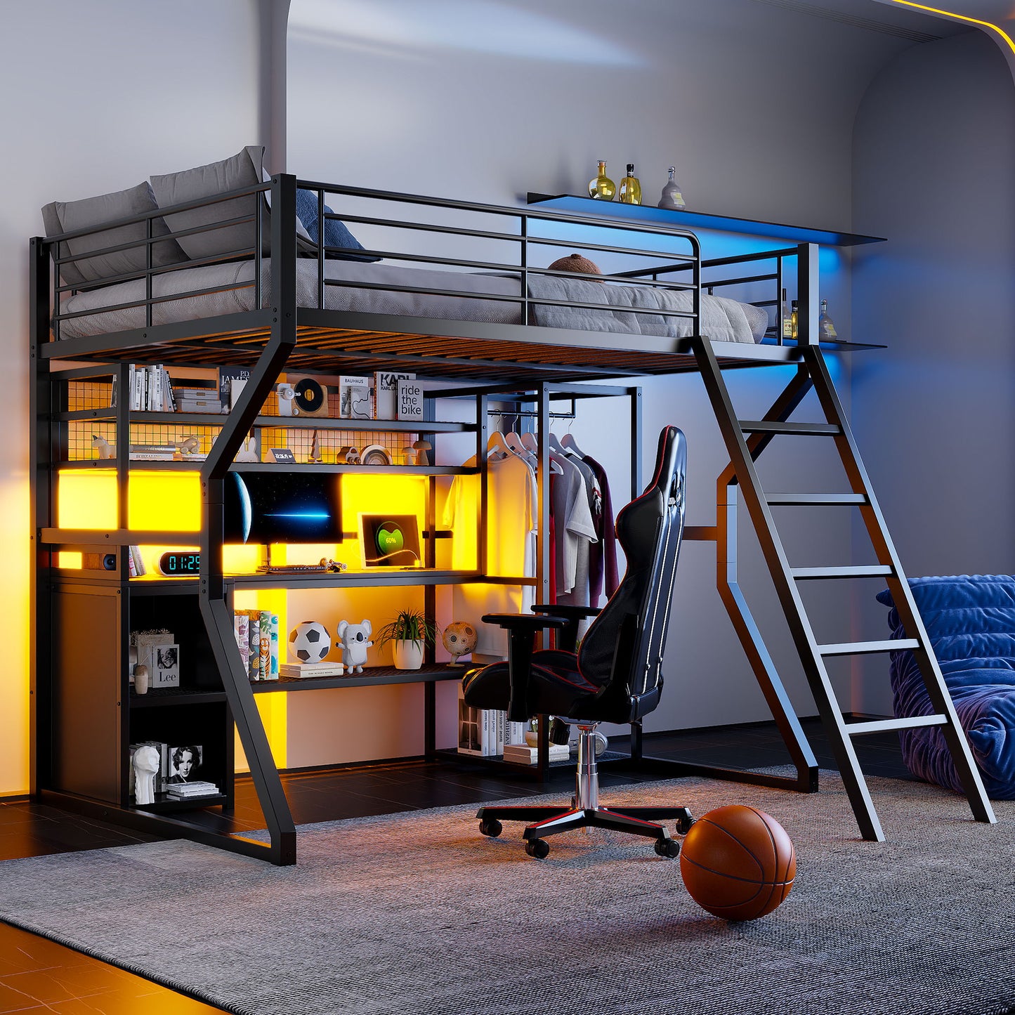 Full Size Gaming Loft Bed With Built In Work Station, Open Wardrobe, LED And Multiple Storage - Black Hearth and Haven