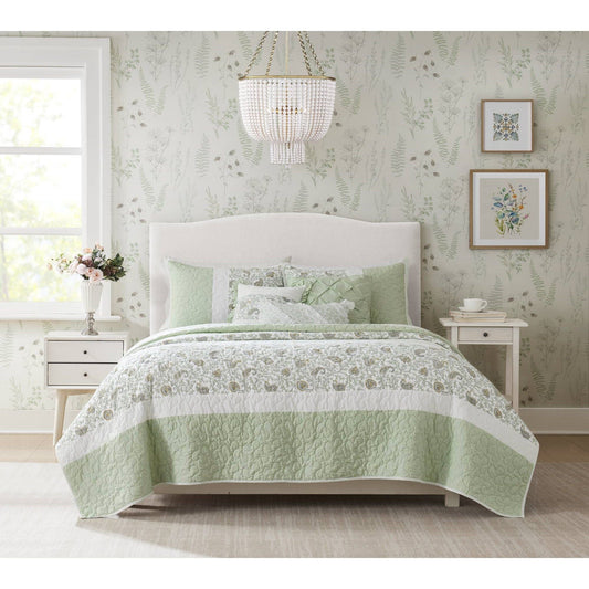 Dawn - 6 Piece King/California King Percale Quilt Set With Throw Pillows - Sage Green Madison Park