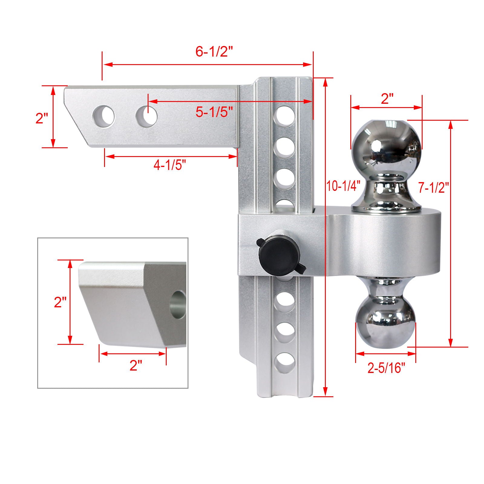 Alu - Adjustable Trailer Drop Hitch 2" Receiver 8" Adjustable - Silver Daily Nest