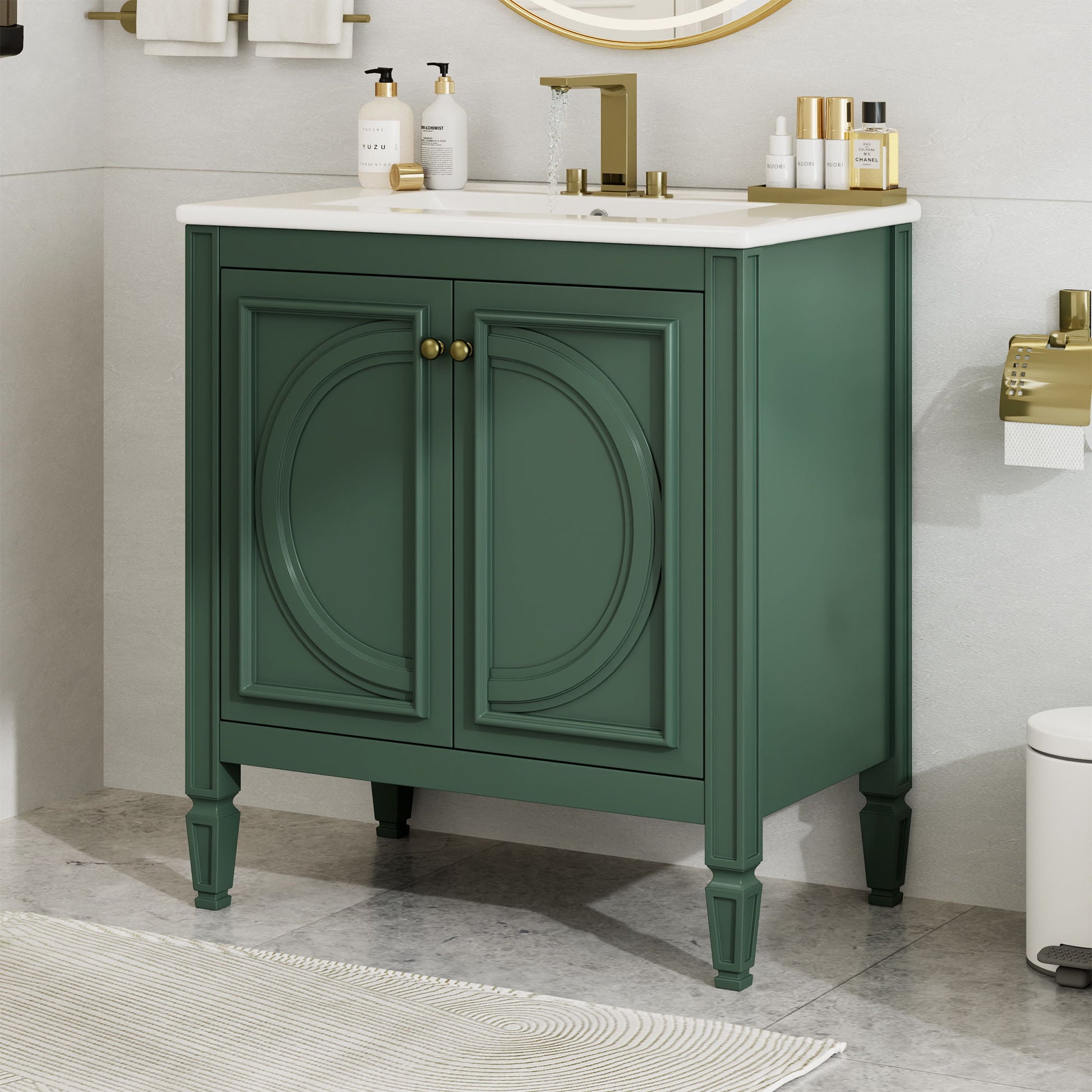 30" Bathroom Vanity With Sink, 2 Doors With Shelf, Soft Close Door Hinges, Vintage Style - Green Noble House
