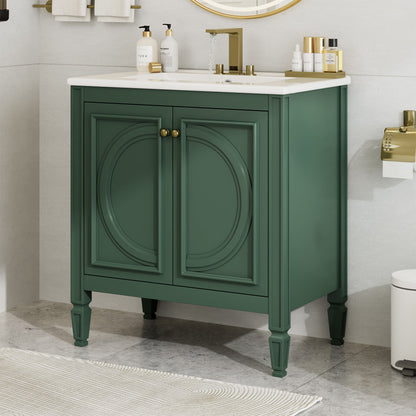 30" Bathroom Vanity With Sink, 2 Doors With Shelf, Soft Close Door Hinges, Vintage Style - Green Noble House