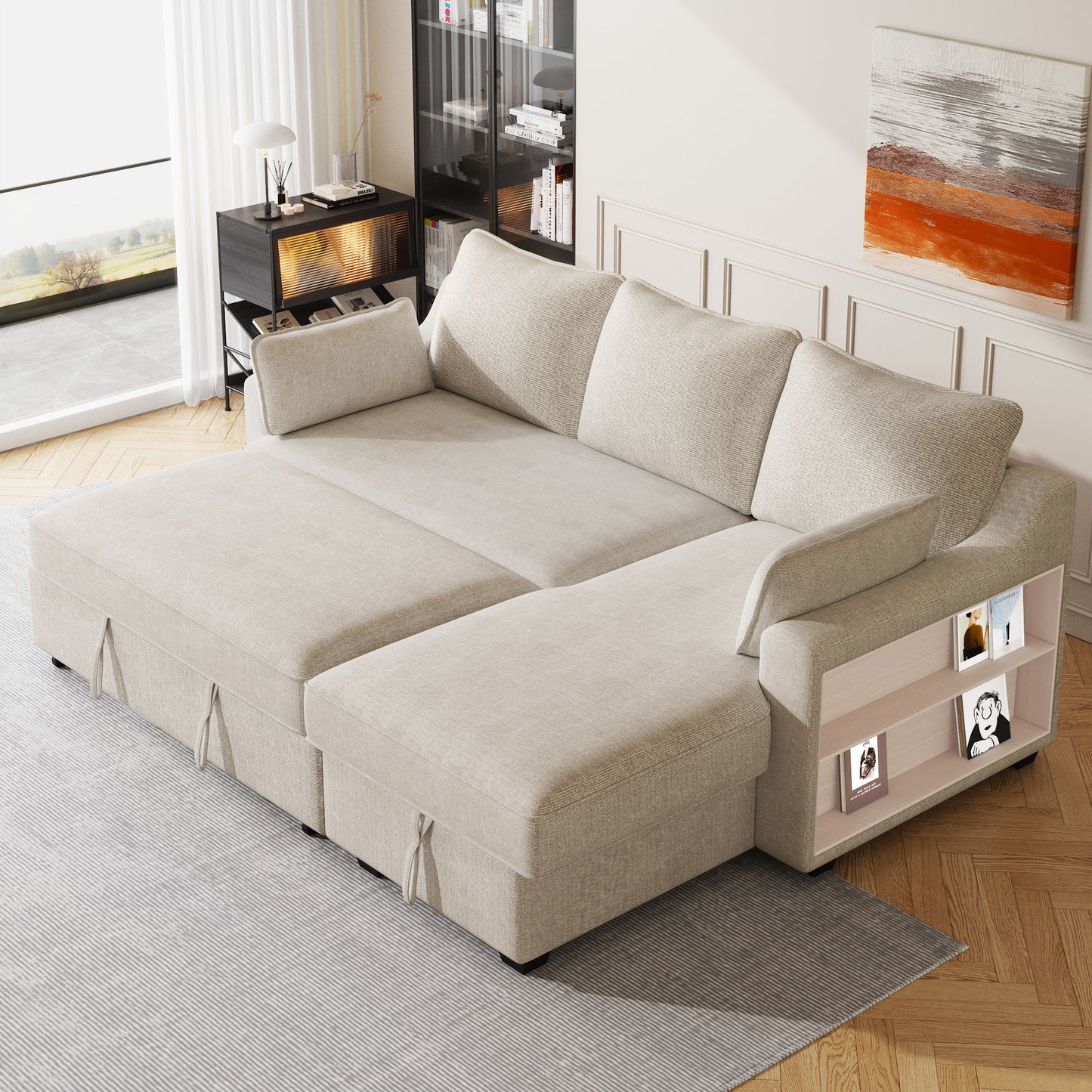 Pull Out Sleeper Sofa L-Shaped Couch Convertible Sofa Bed With Storage Chaise, Storage Racks And USB Ports