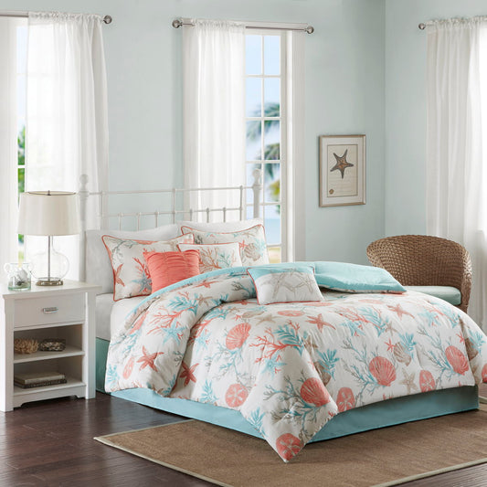 Pebble Beach - Queen 7 Piece Comforter Set - Coral Madison Park