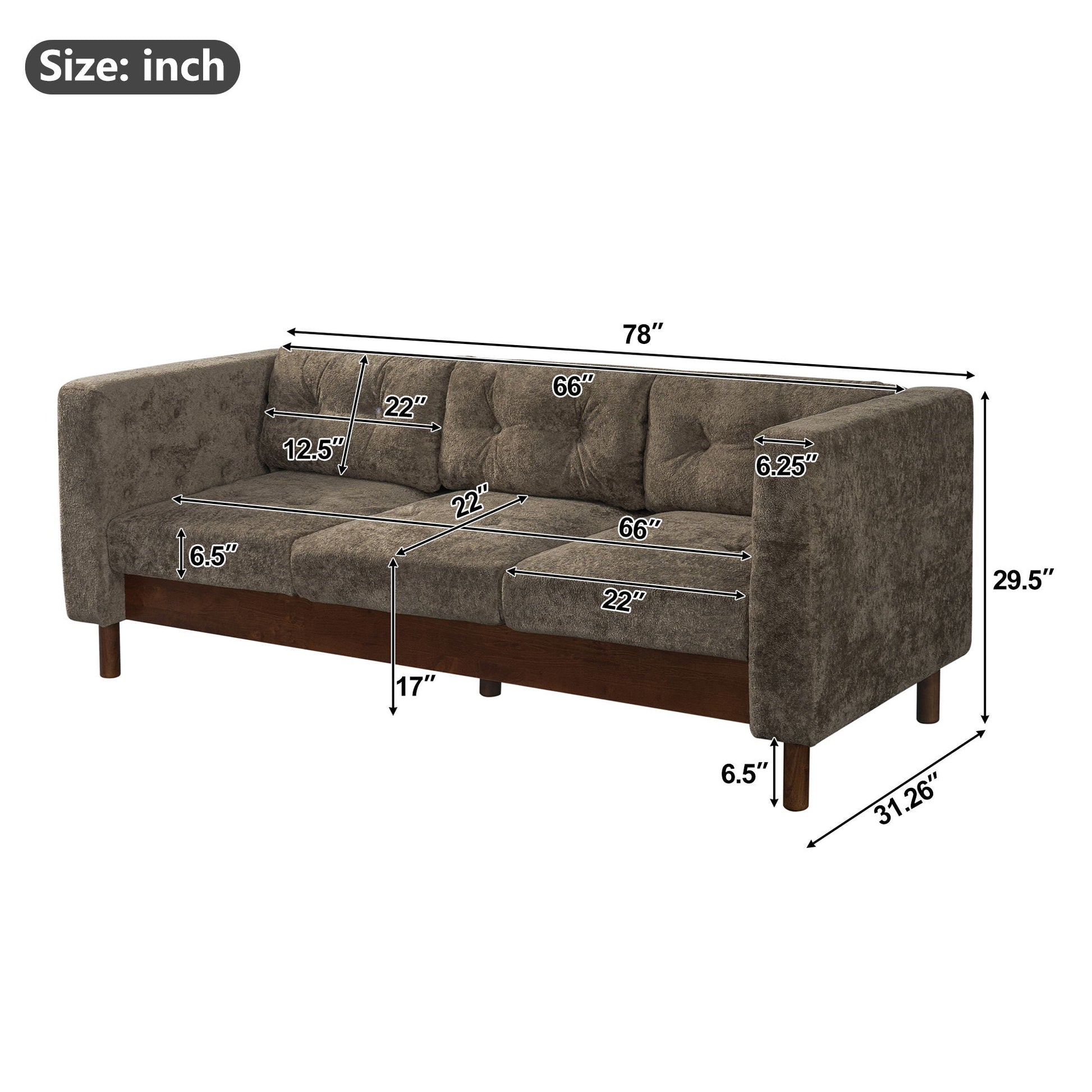 3 Seater Sofa With Square Arms, Tufted Pillow Back For Living Room Noble House
