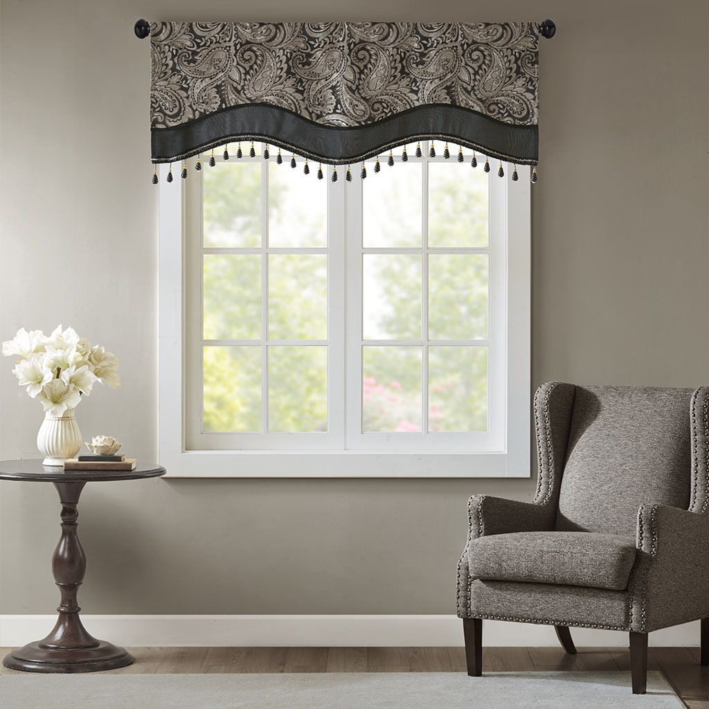 Aubrey - Window Rod Pocket Valance With Beads - Black