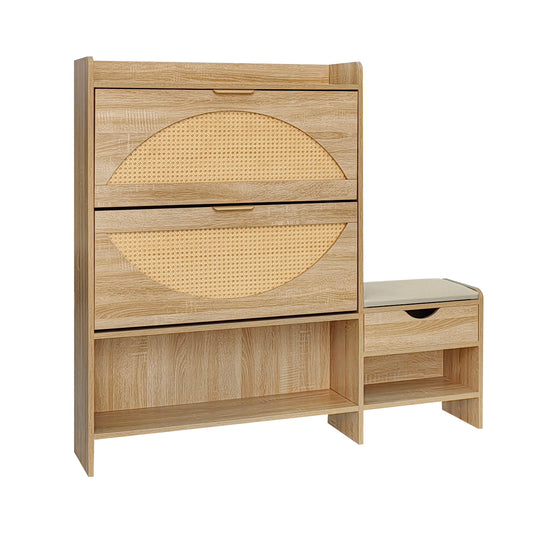 Shoe Storage Cabinet Rattan Shoe Storage Organizer With 2 Flip Drawers, A Storage Drawer And A Bench For Entryway, And Hallway - Light Brown Daily Nest