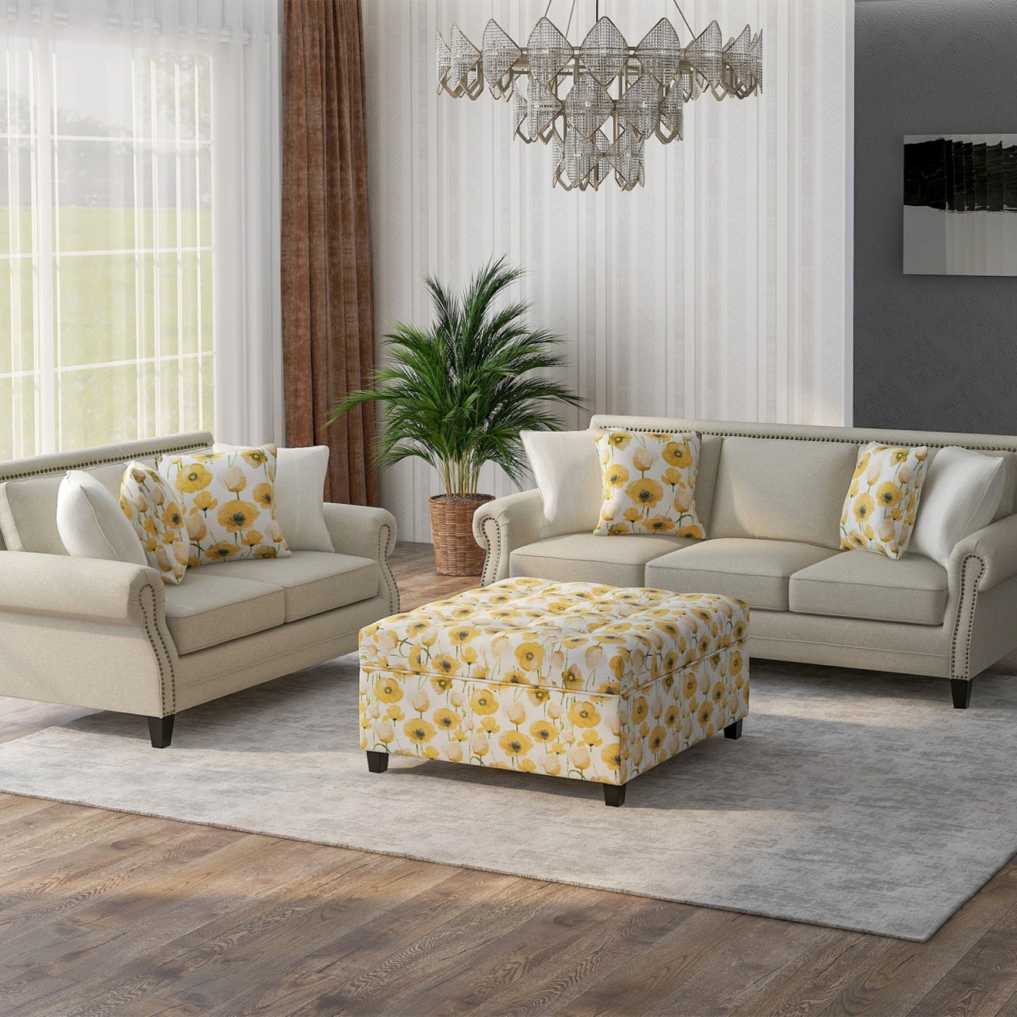 Floral Storage Ottoman With Traditional Design - Gold Emerald Home