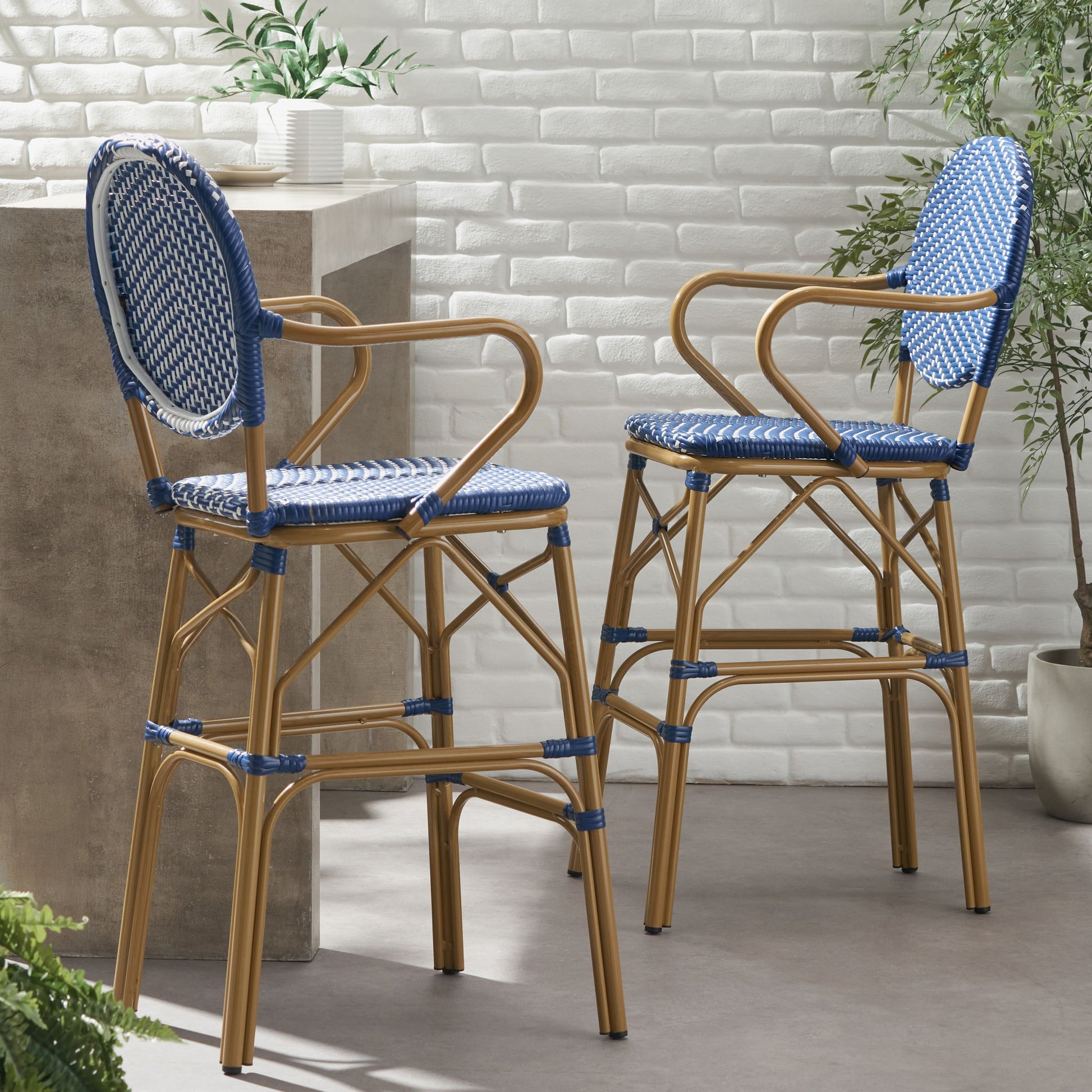 Outdoor Wicker And Aluminum French Barstools (Set of 2) Noble House
