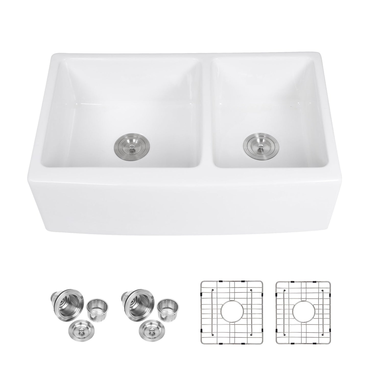 Sink 33" Double Bowl 60 / 40 Kitchen Sink With Deep Basin And Grids - White Daily Nest