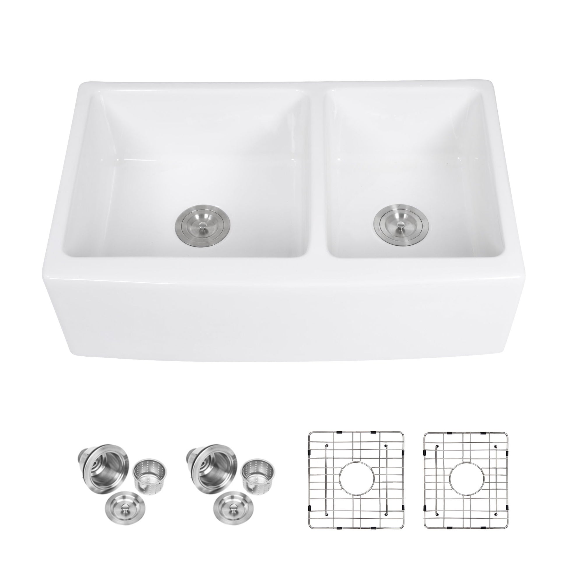Sink 33" Double Bowl 60 / 40 Kitchen Sink With Deep Basin And Grids - White Daily Nest