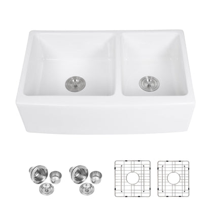 Sink 33" Double Bowl 60 / 40 Kitchen Sink With Deep Basin And Grids - White Daily Nest