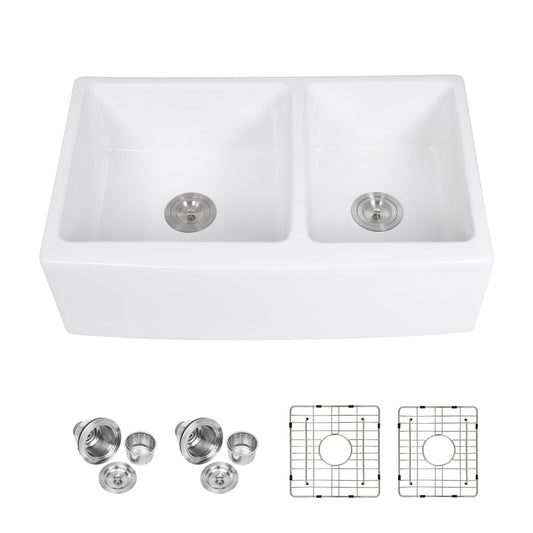 Sink 33" Double Bowl 60 / 40 Kitchen Sink With Deep Basin And Grids - White Daily Nest