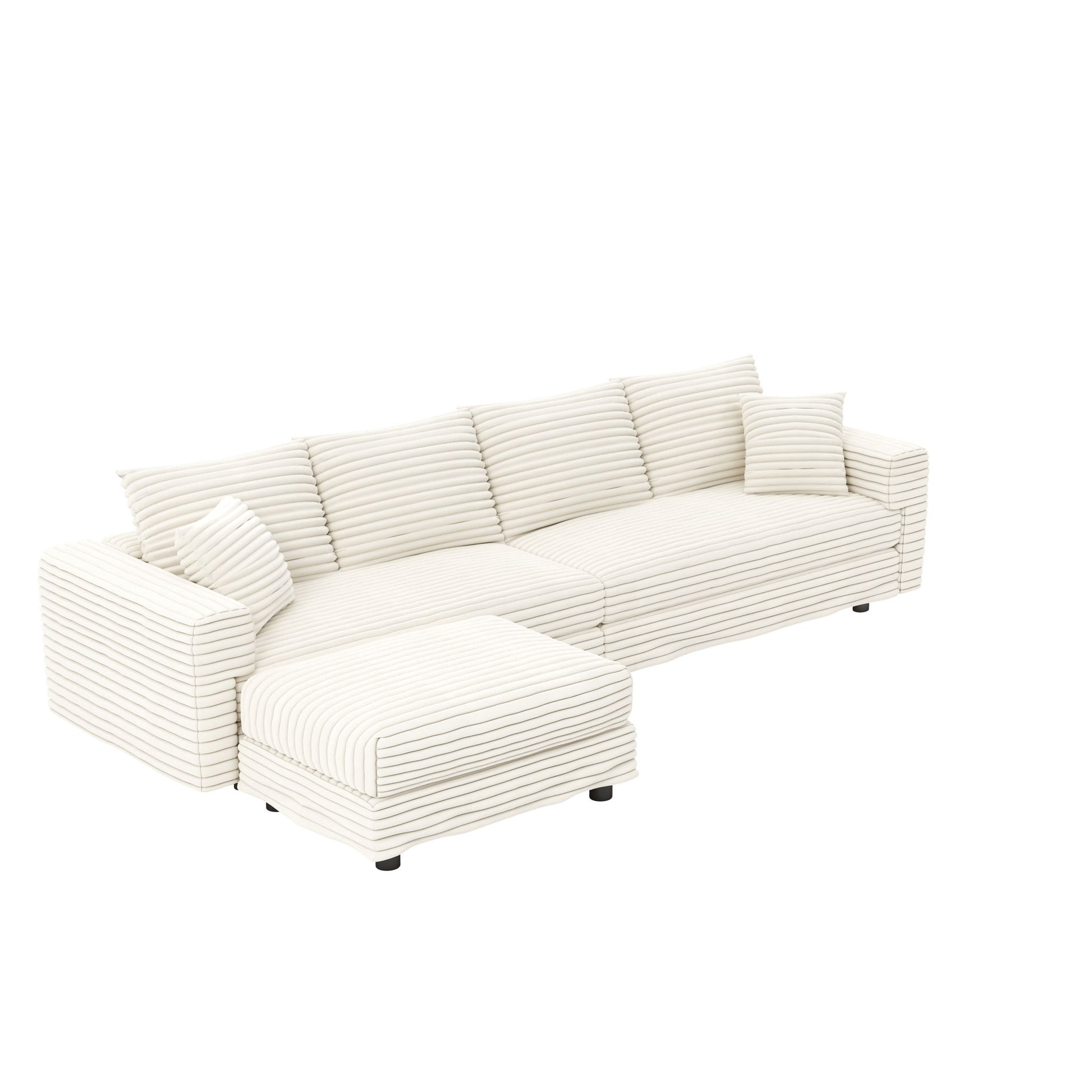 Plush Corduroy 4 Seat Sofa With Soft Pillows And Movable Ottoman Home Essentials