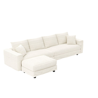 Plush Corduroy 4 Seat Sofa With Soft Pillows And Movable Ottoman - Snoozhouse