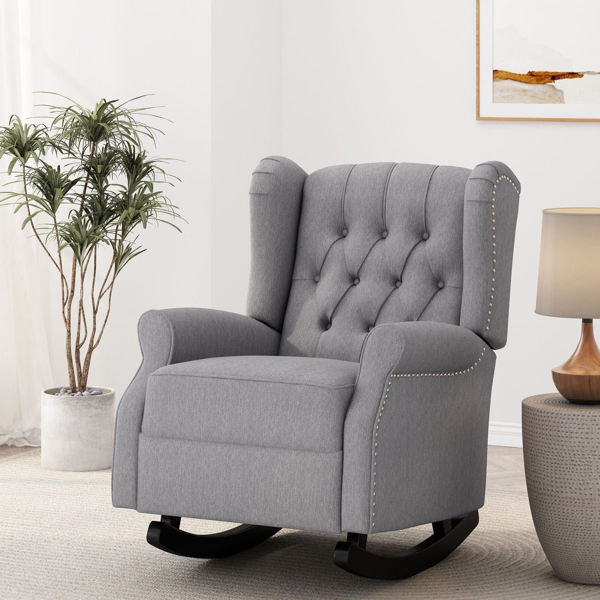 Sheila - Contemporary Fabric Tufted Wingback Rocking Chair - Gray Noble House