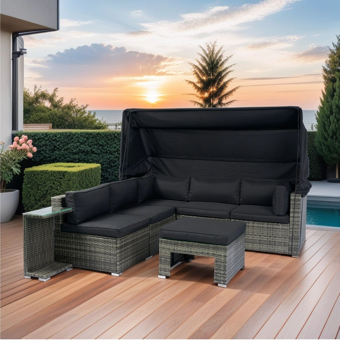 7 Piece Patio Furniture Set With Retractable Canopy Wicker Rattan Sectional Sofa Set Patio Furniture With Washable Cushions For Lawn, Garden, Backyard, Poolside Wicker And Cushion - Gray / Black